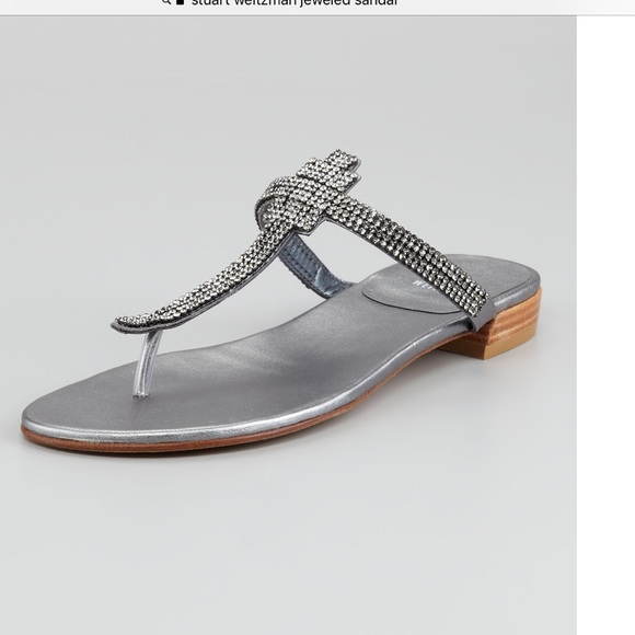 Stuart Weizmann Metallic vanity crystal t strap flax sandal SZ 8 - Picture 1 of 13